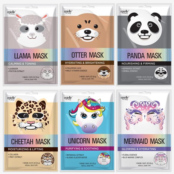 Animal Character Sheet Masks 6 Pack, Moisturizing & Hydrating Face Mask with Hya - Picture 1 of 9